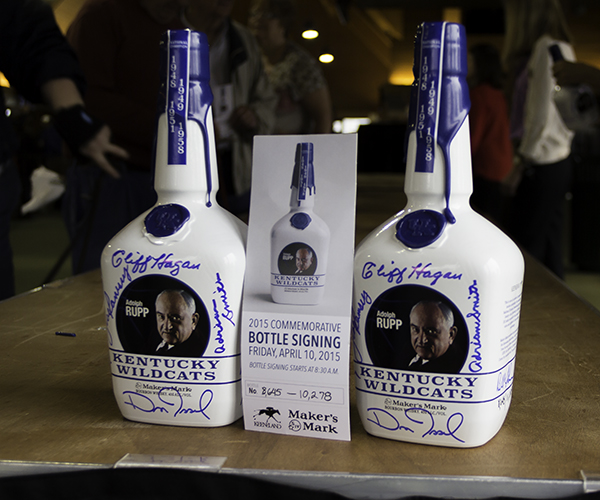 Two of the 2015 Maker's Mark Keeneland Bottles honoring longtime University of Kentucky basketball coach Adolph Rupp. Photo ©2015 by Mark Gillespie.