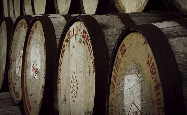 Westland whiskey barrels at the distillery's maturation warehouse in Hoquiam, Washington. Photo ©2015, Mark Gillespie.