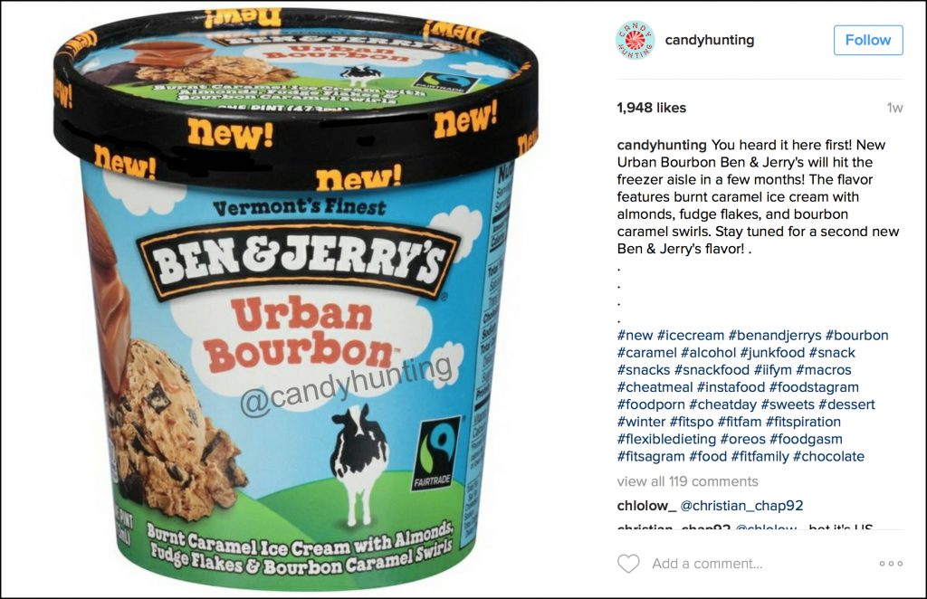 An Instagram post showing the planned Ben & Jerry's "Urban Bourbon" ice cream. Image courtesy @candyhunting/Instagram.