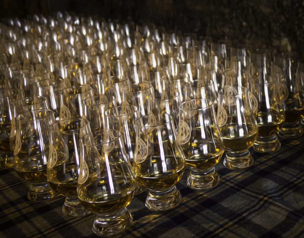 Glencairn glasses lined up for a tasting at Bruichladdich Distillery. Image ©2017, Mark Gillespie/CaskStrength Media. 