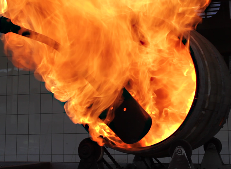 A barrel being re-charred in the cooperage at Taiwan's King Car Distillery. Photo ©2017, Mark Gillespie/CaskStrength Media.