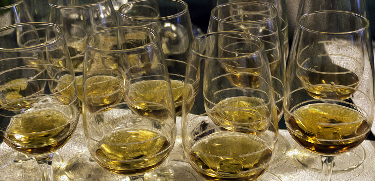 Whisky glasses lined up for a tasting. Image ©2017, Mark Gillespie/CaskStrength Media.