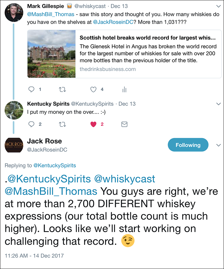 A Twitter exchange with the Jack Rose Dining Saloon in Washington, DC. Image courtesy Twitter.