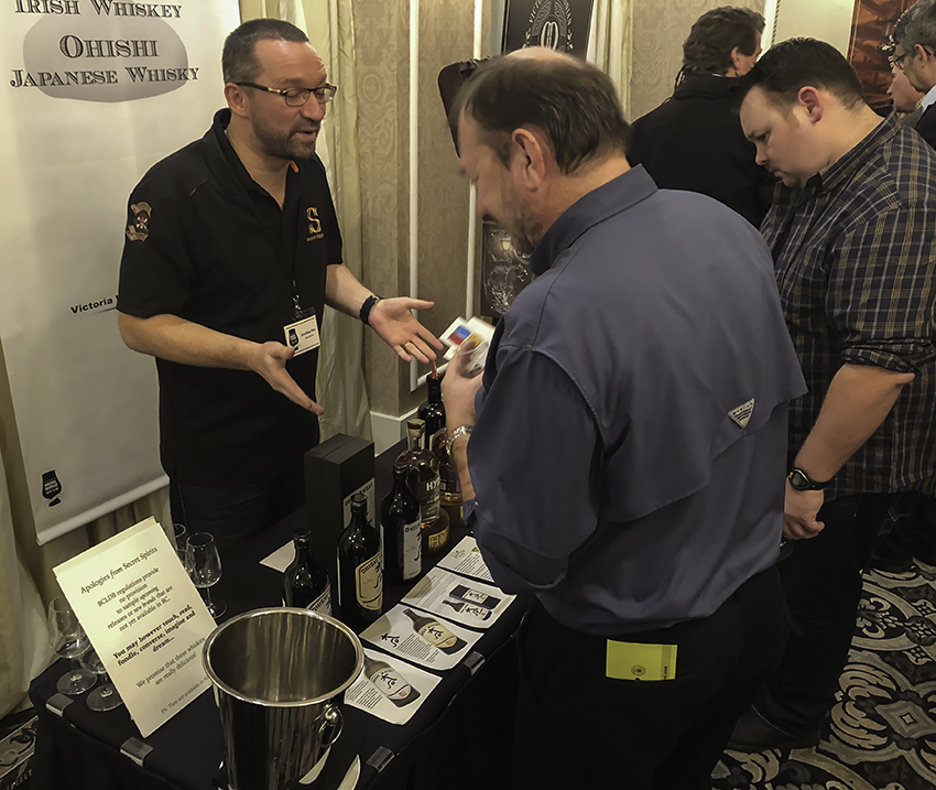 Jonathan Bray of Secret Spirits explained to upset Victoria Whisky Festival attendees why he couldn't pour any of his whiskies during Saturday night's event because of British Columbia law requiring all whiskies to purchased through the province's liquor system. Photo @2018, Mark Gillespie/CaskStrength Media