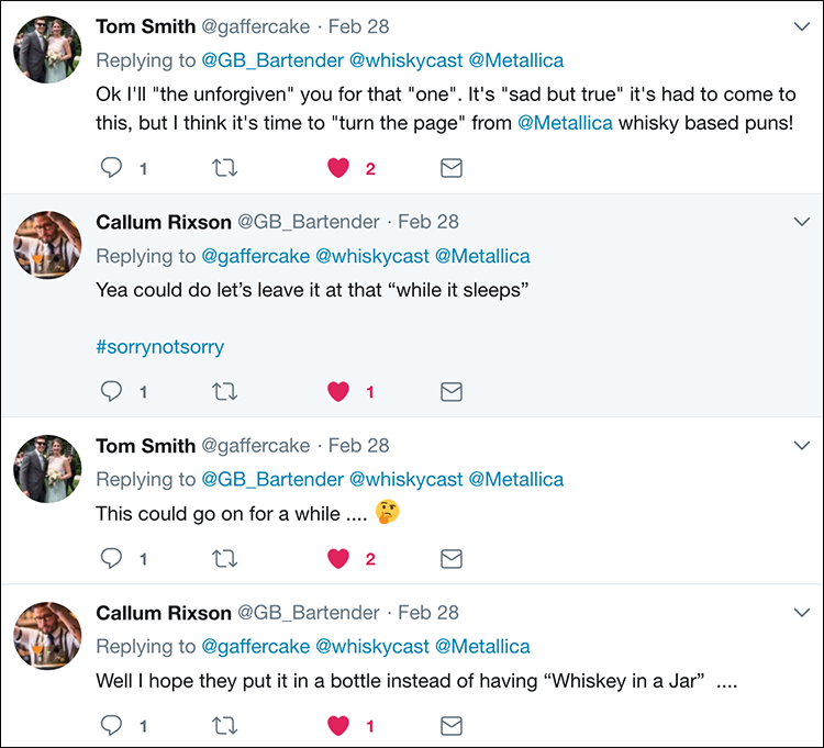 Twitter reaction to Metallica's plans to enter the whiskey business. Image courtesy Twitter.