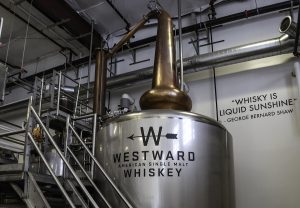 The pot stills at House Spirits Distillery in Portland, Oregon. Photo ©2018, Mark Gillespie/CaskStrength Media.