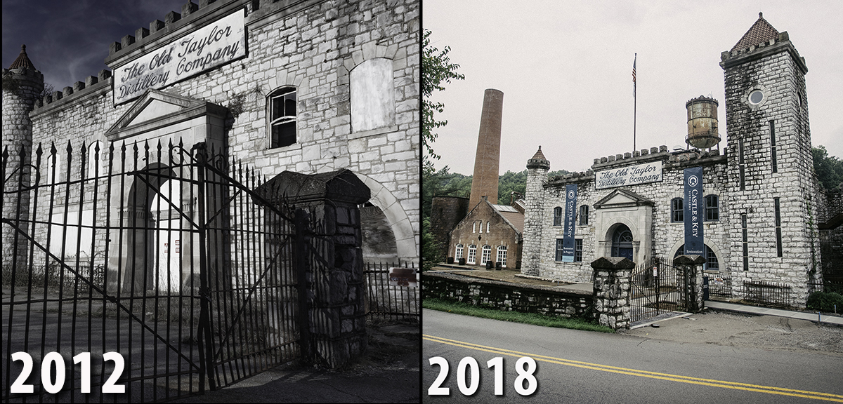 The Old Taylor Distillery in 2012 and the gates of Castle & Key Distillery in 2018. 2012 photo ©2012, Mark Gillespie/CaskStrength Media. 2018 photo courtesy Castle & Key Distillery.