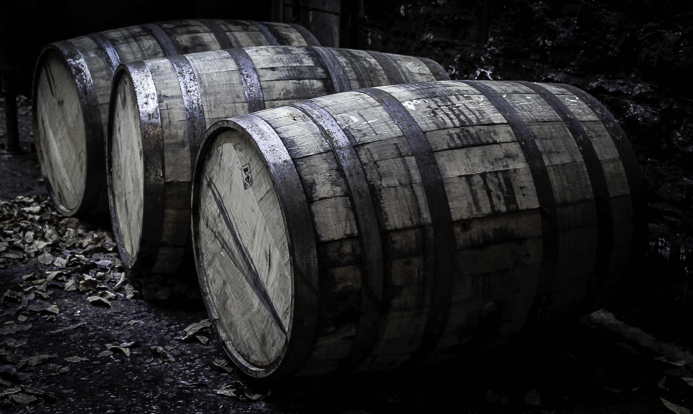 Bourbon barrels on the ground at Kentucky's Woodford Reserve Distillery. Photo ©2018, Mark Gillespie/CaskStrength Media.