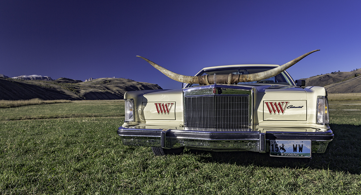 Wyoming Whiskey's vintage Lincoln Continental at the Mead family's ranch near Jackson, Wyoming. Photo ©2018, Mark Gillespie/CaskStrength Media.