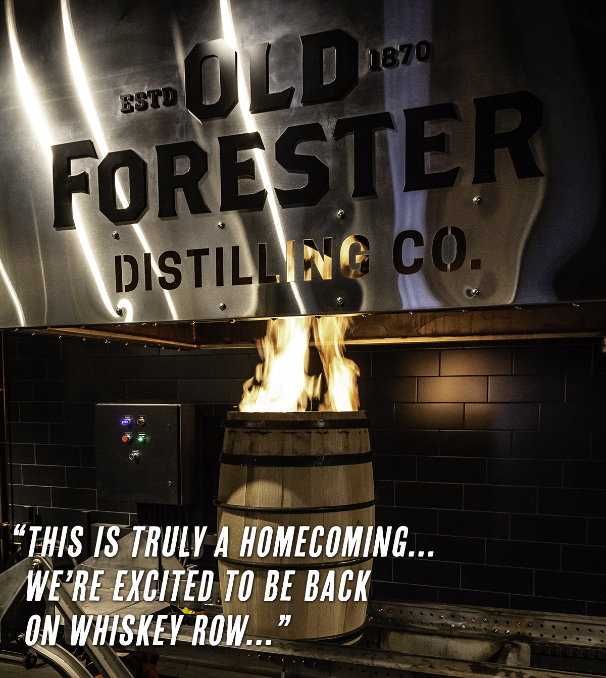 The barrel charring station in the cooperage at Old Forester Distillery in Louisville, Kentucky. Photo ©2018, Mark Gillespie/CaskStrength Media.