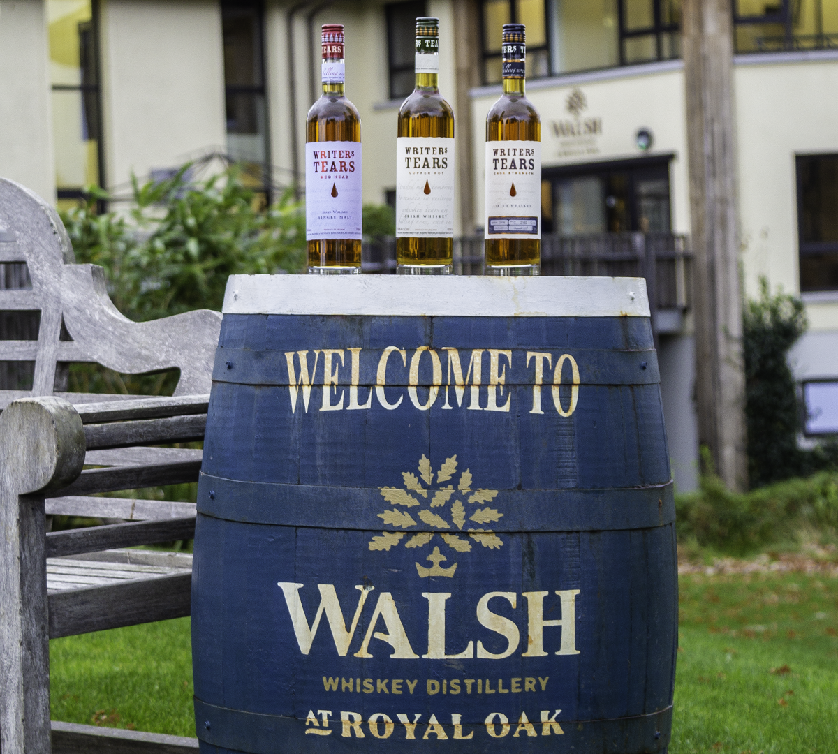 Writers' Tears bottles on display in front of what was the Walsh Whiskey Company distillery near Carlow, Ireland. Photo ©2019, Mark Gillespie/CaskStrength Media.