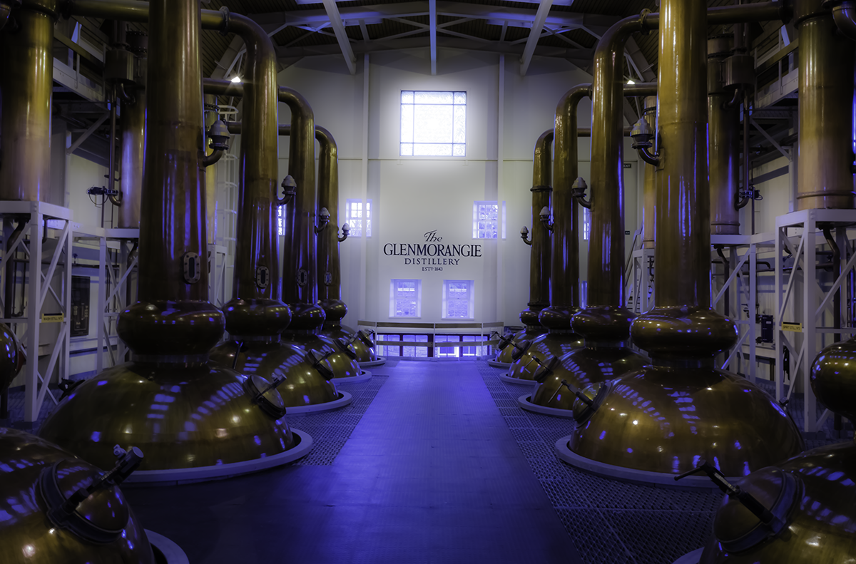 The stillroom at Glenmorangie Distillery in Tain, Scotland. Photo ©2019, Mark Gillespie/CaskStrength Media.