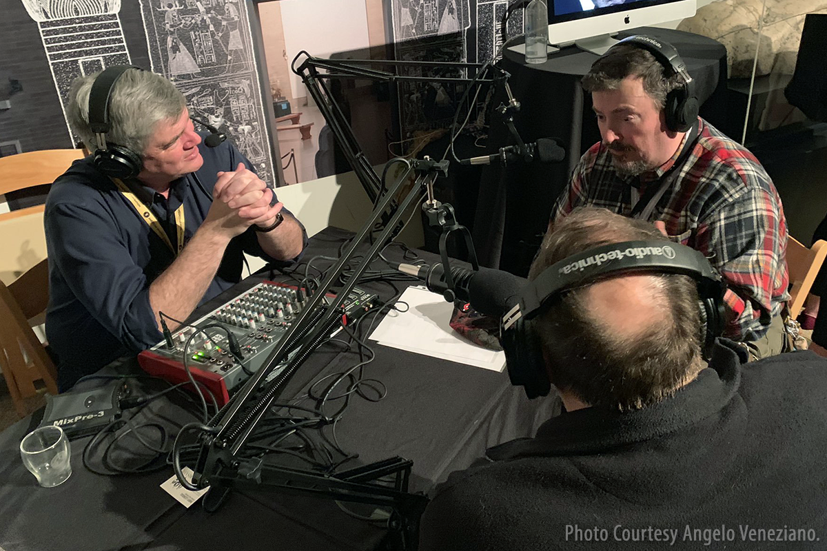 WhiskyCast's Mark Gillespie with Martin Duffy(R) and Lew Bryson (front) at the American Whiskey Convention in Philadelphia April 5, 2019. Photo courtesy Angelo Veneziano.