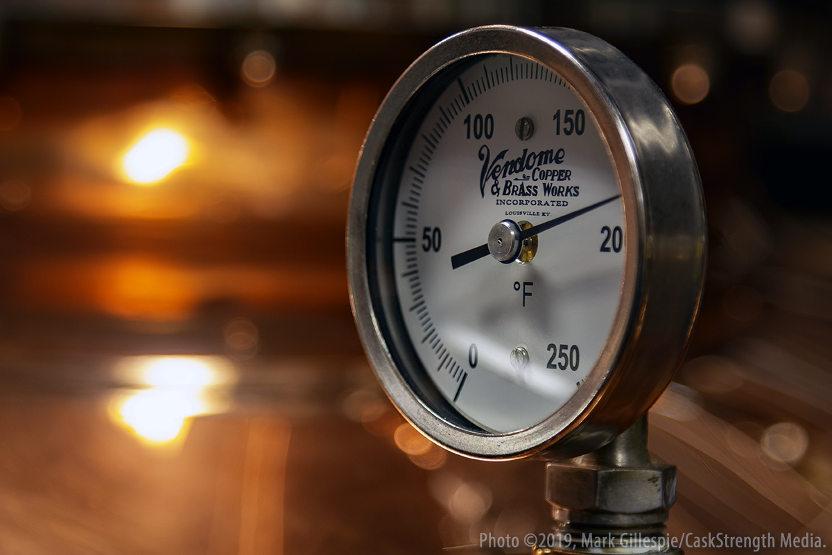 It's a humble thermometer, but when it's part of a copper still, it can be a thing of beauty. This thermometer is used by the three-member distilling team at the Evan Williams Bourbon Experience in Louisville. Photo ©2019, Mark Gillespie/CaskStrength Media.