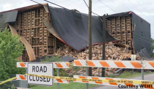 One corner of a rickhouse at the O.Z. Tyler Distillery in Owensboro, Kentucky collapsed on June 17, 2019. Photo courtesy WEHT-TV. 