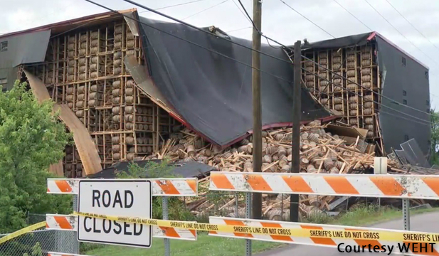 One corner of a rickhouse at the O.Z. Tyler Distillery in Owensboro, Kentucky collapsed on June 17, 2019. Photo courtesy WEHT-TV.