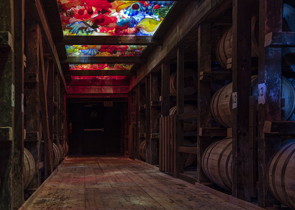 A Maker's Mark warehouse complete with a Dale Chihuly glass installation. Photo ©2019, Mark Gillespie/CaskStrength Media.