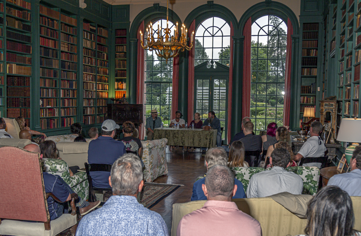 Bourbon Salon host Micheal Veach leads a discussion with Larry Rice, Margo McMillen, and Joe Head at Louisville's Oxmoor Farm August 8, 2019. Photo ©2019, Mark Gillespie/CaskStrength Media.