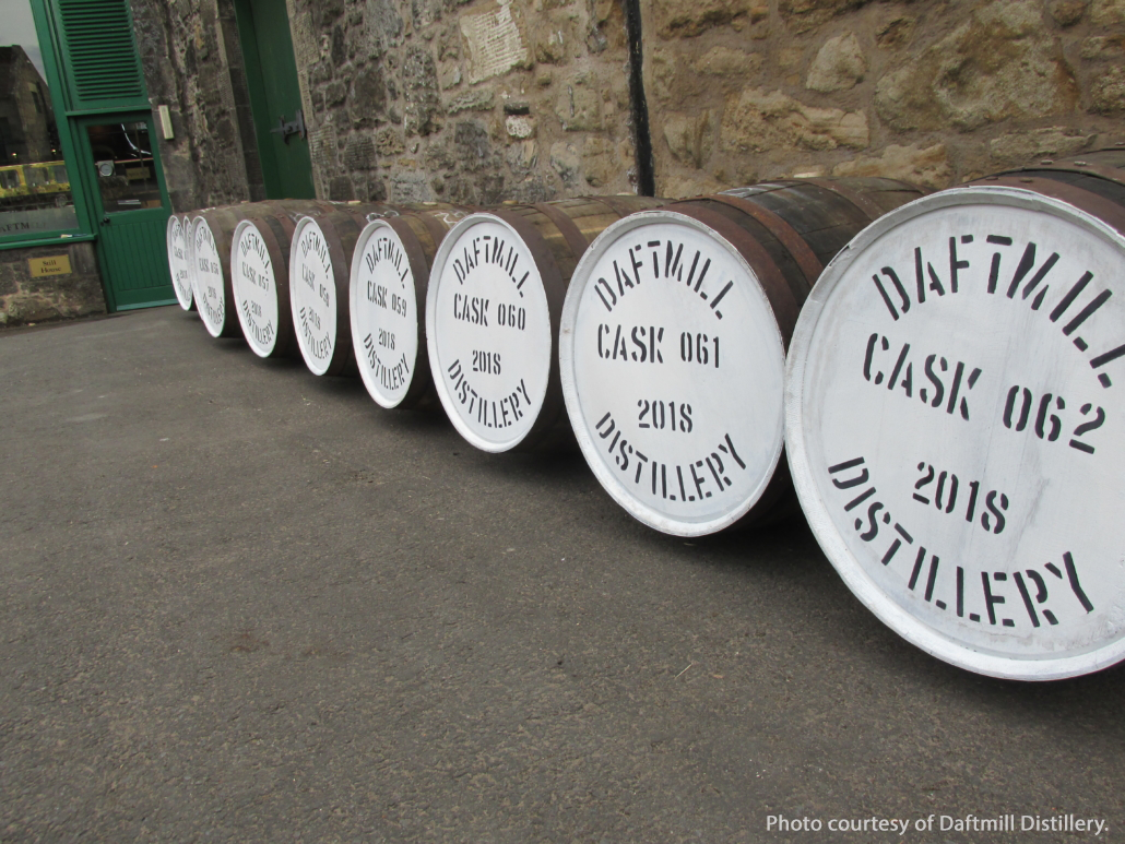 Casks of whisky at Scotland's Daftmill Distillery. Image courtesy Daftmill Distillery.