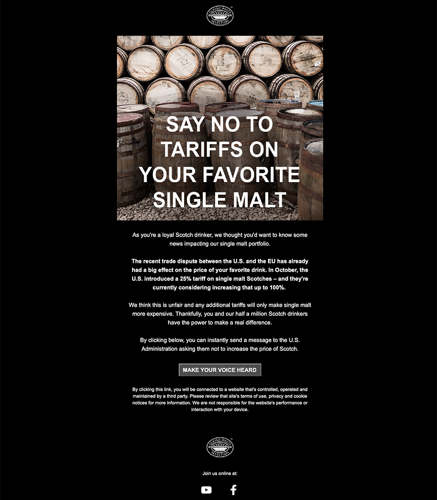 An email from Diageo to members of the "Friends of the Classic Malts" urging them to speak out against the U.S. single malt whisky tariff. 