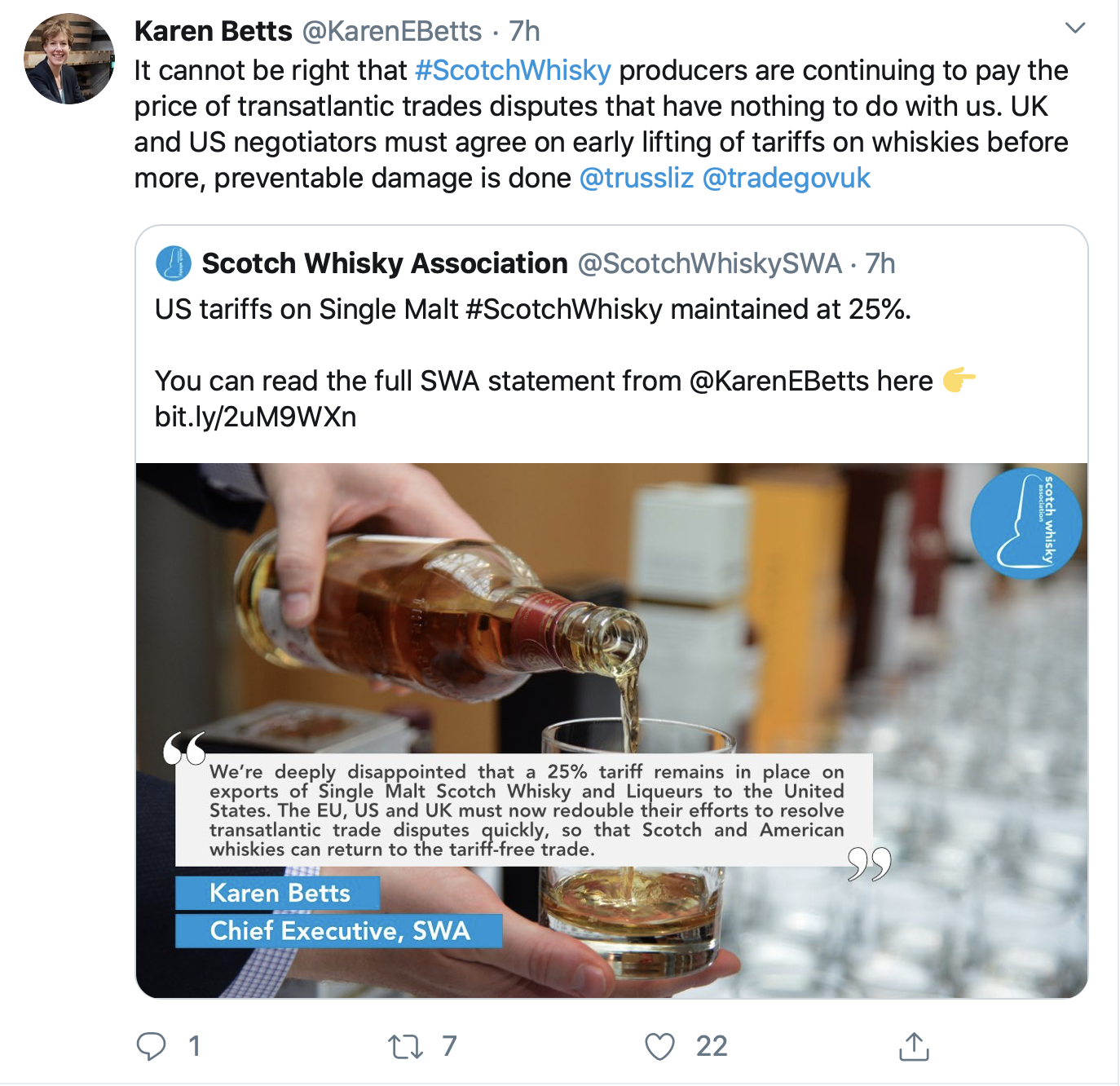 A Tweet from Scotch Whisky Association CEO Karen Betts reacting to the US decision to keep a tariff on single malt Scotch Whisky imports in place. Image courtesy Twitter.