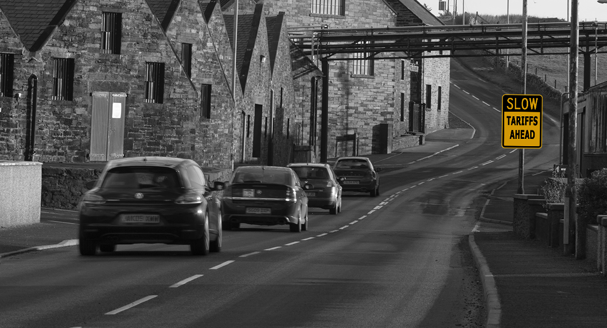 An illustration of a "Tariffs Ahead" warning sign at a Scotch Whisky distillery. Image ©2020, Mark Gillespie/CaskStrength Media.