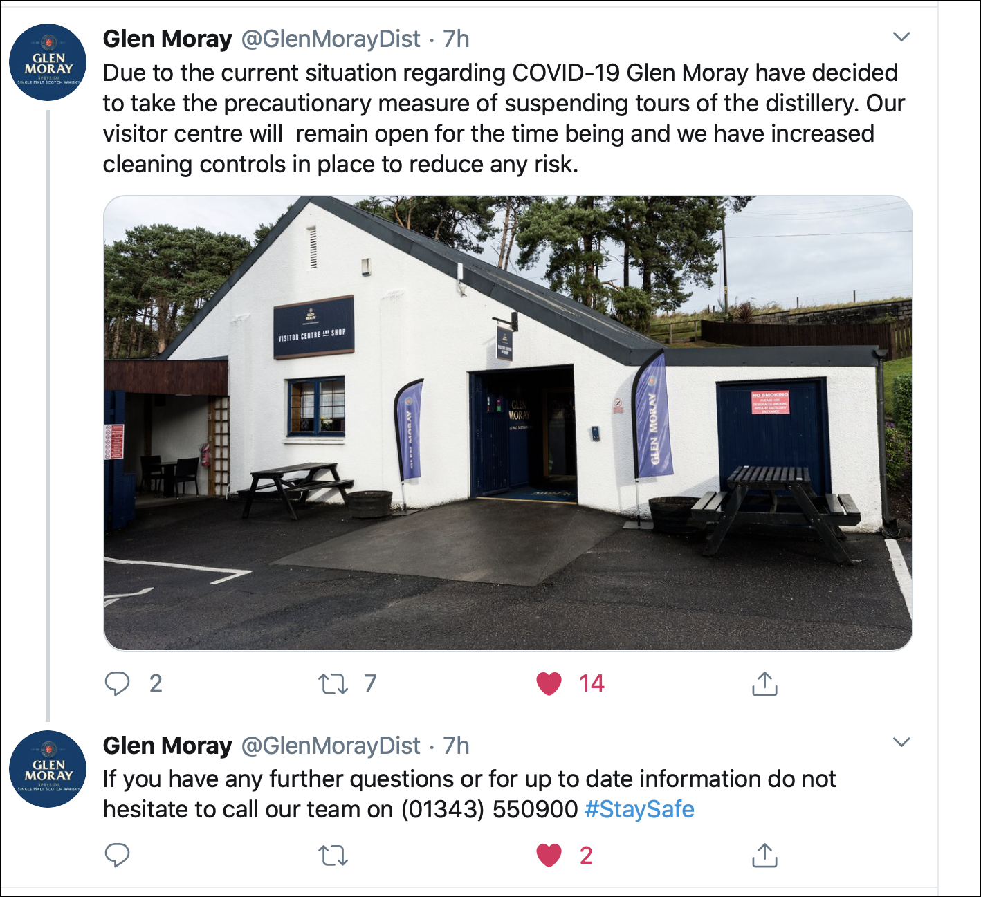 Tweets from Glen Moray Distillery announcing the suspension of tours because of the coronavirus pandemic. Image courtesy Twitter.