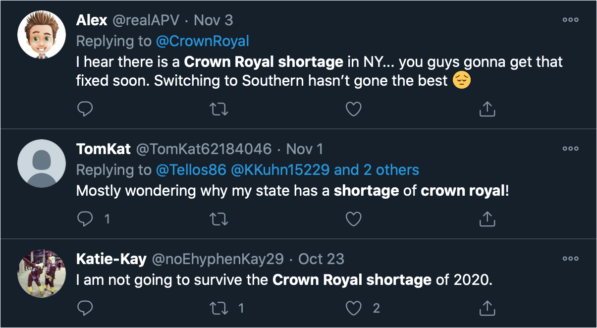 Twitter posts on the shortage of Crown Royal. Image courtesy Twitter.