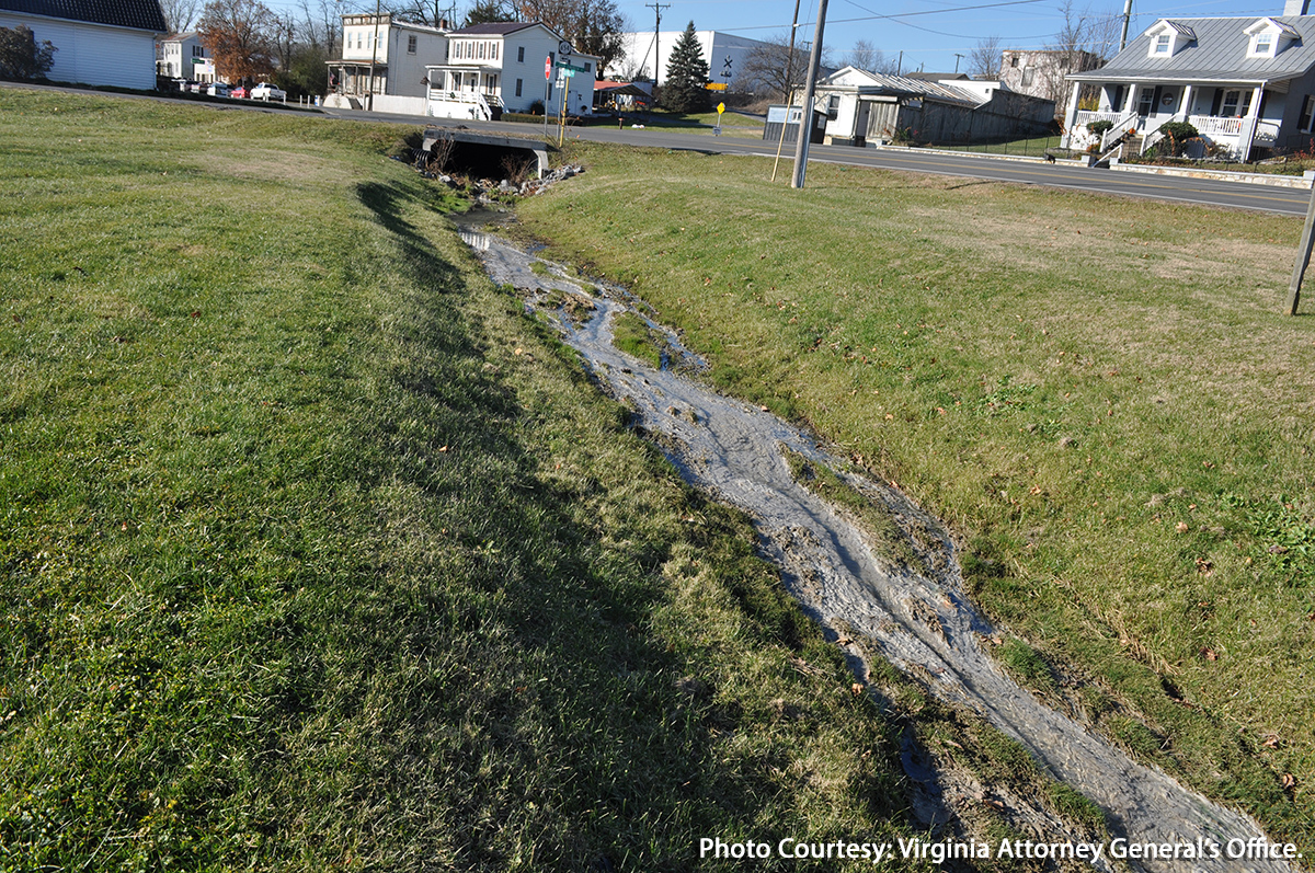 The Shenandoah County stream where Filibuster Distillery allegedly dumped industrial waste water. Photo courtesy Virginia Attorney General's Office.