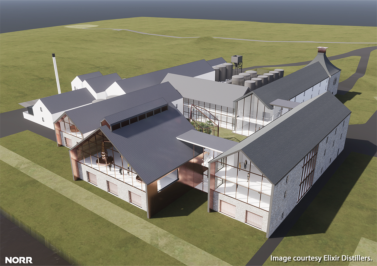 An architect's rendering of the new Elixir Distillers distillery to be built on Scotland's Isle of Islay. Image courtesy Elixir Distillers.