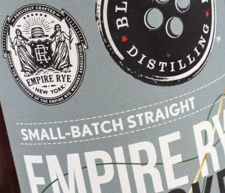 The label for Black Button Distilling's Empire Rye Whiskey with the Empire Rye seal. Photo ©2021, Mark Gillespie/CaskStrength Media.