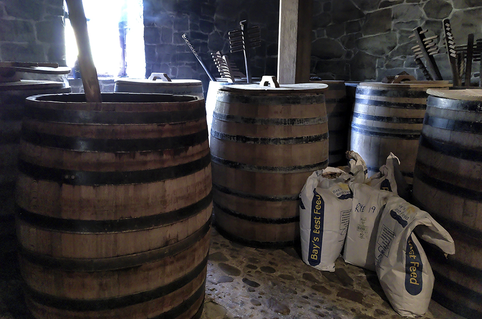 Bags of Rosen Rye ready for mashing at George Washington's Distillery at Mount Vernon on November 7, 2021. Photo ©2021, Mark Gillespie/CaskStrength Media.