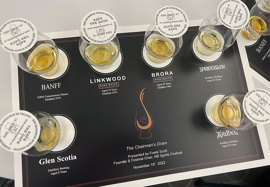 The lineup for Frank Scott's "Chairman's Dram" tasting at the 2022 New Brunswick Spirits Festival. Photo ©2022, Mark Gillespie/CaskStrength Media.