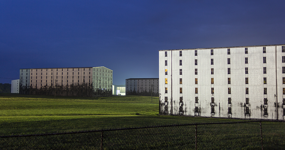 Rickhouses in Bourbon Capital at dawn